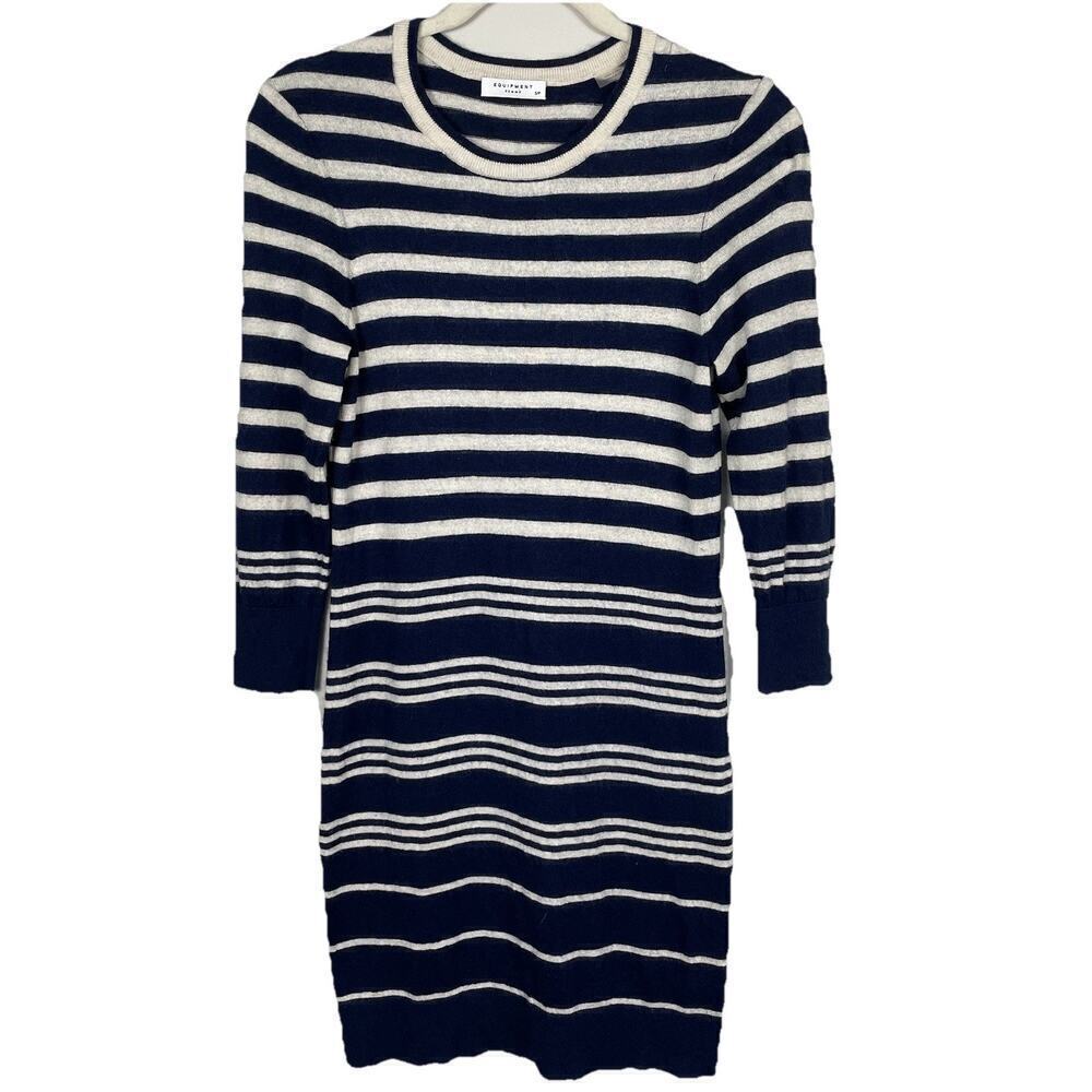 Equipment Femme Sweater Dress Size SP Navy /Ivory Silk Cashmere Striped Nautical